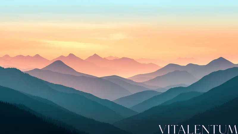 Layered alpine ridgeline gradient under warm pastel sunrise