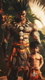 Tribal warrior and young son stand united in jungle light.