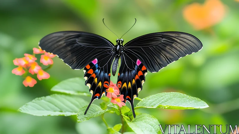 Black butterfly rests on green leaves with spread wings