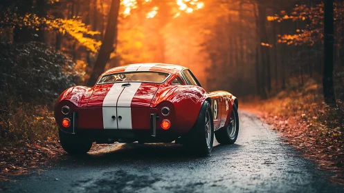 Vintage red race car is parked on a narrow forest road
