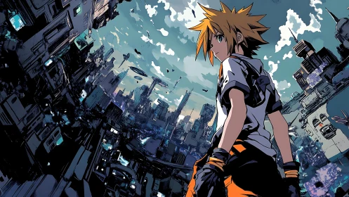 Angular anime figure surveys dense futuristic cityscape in dynamic tilt