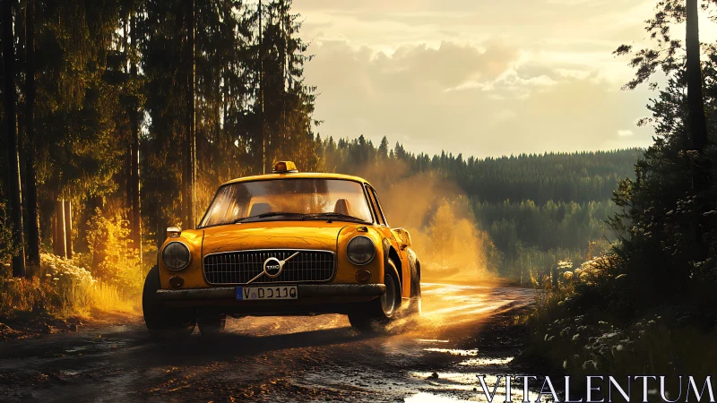 Golden taxi speeds along a misty forest dirt road at dusk