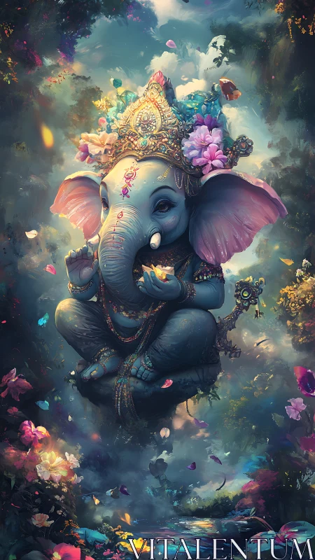 Elephant-headed deity figure in ornate floral forest scene.