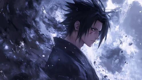 Moody anime portrait in dynamic monochrome brushwork style.