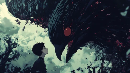 Boy meets colossal raven spirit in a haunting forest sky.
