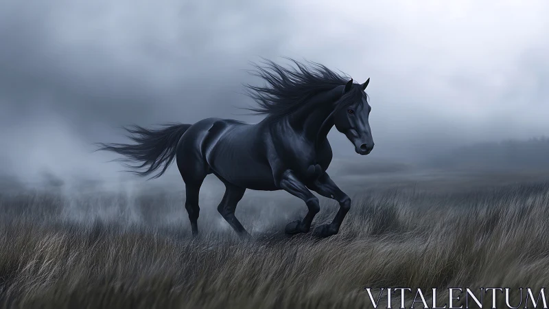 Black horse runs through misty field under overcast sky