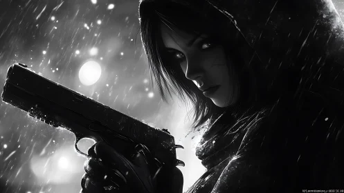 Hooded woman grips handgun in high contrast rain scene
