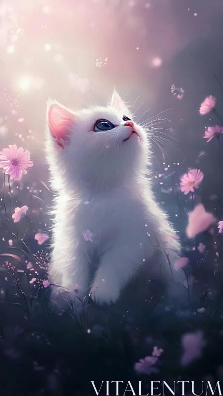 White Kitten Among Pink Blossoms in Ethereal Dreamscape.