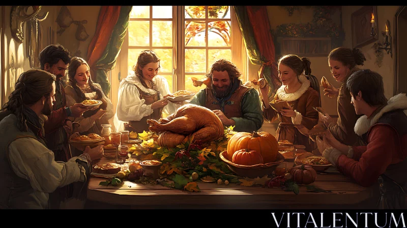 Harvest feast scene glows with warm rustic candlelight.