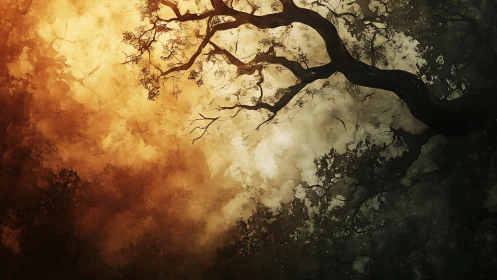 Twisted tree silhouette divides burning dusk and shadowed sky