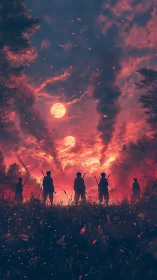 Silhouetted figures stand before dual moons in red sky