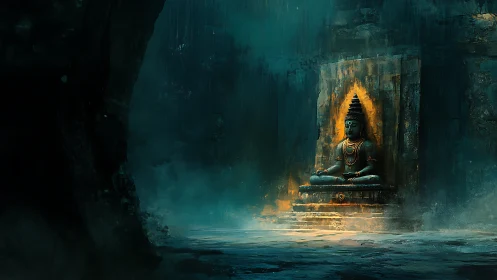 Ancient stone Buddha glows within misted cavern shrine