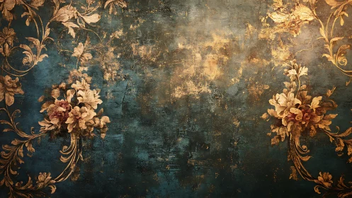 Aged baroque floral ornament over distressed teal ground