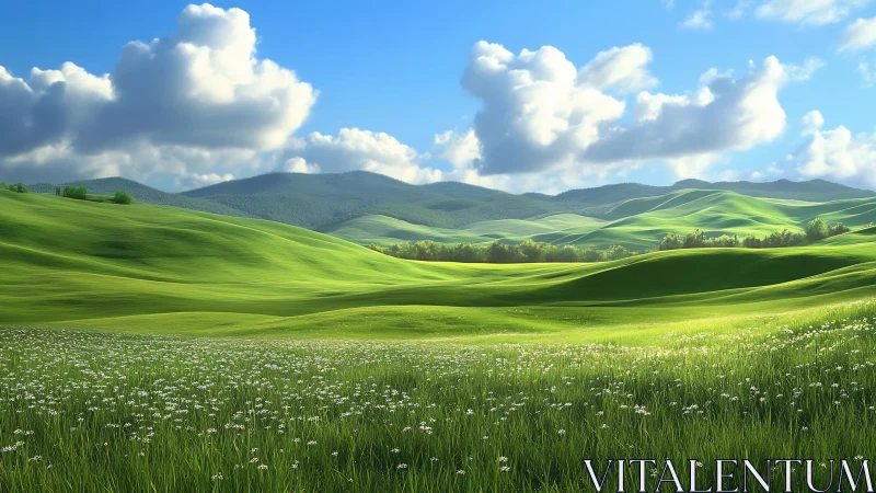 Radiantly lit parametric grasslands under volumetric cumulus sky.