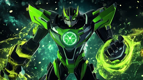 Armored cybernetic mech channels neon plasma energy rings in space