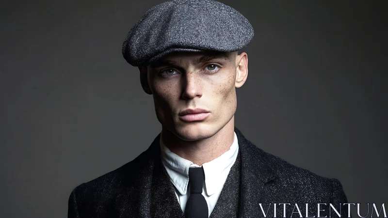 Steel-gazed flat cap dandy in shadowed studio poise.