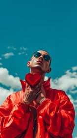 Bold Red Jacket Against Turquoise Sky