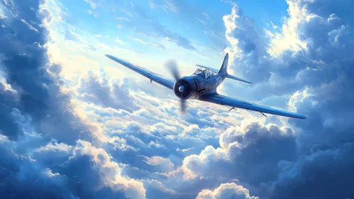 Single propeller aircraft traverses dense cumuliform cloudscape