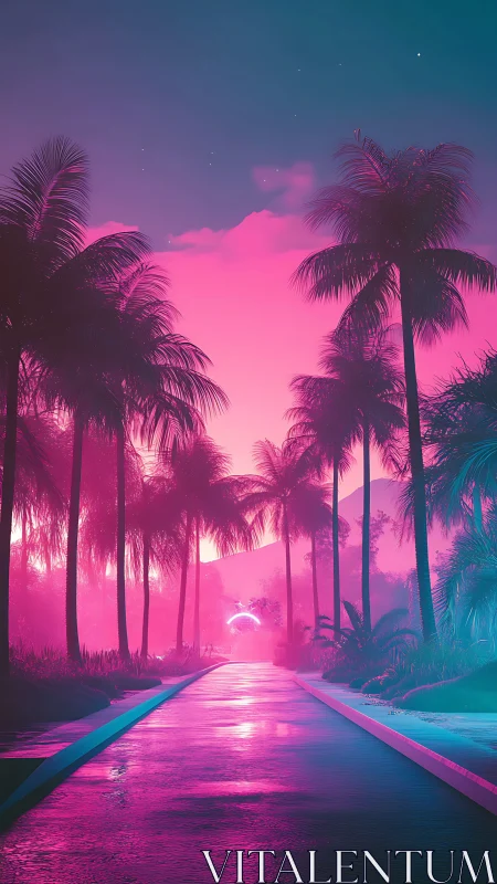 Neon tropical avenue under magenta cyan gradient sky.