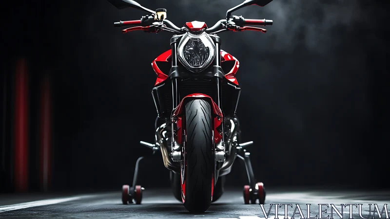 Crimson streetfighter motorcycle under dramatic studio light.