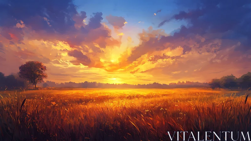 Sunfire horizon pouring gold over a dreaming meadow.