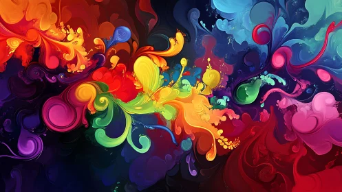 Vibrant digital swirl painting of fluid rainbow color motion.