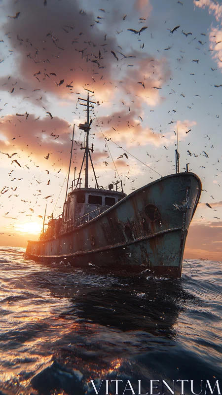 Photorealistic trawler at sunset with dynamic low-angle composition.