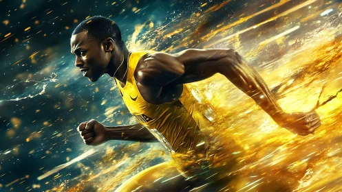 Sprinter explodes forward through golden energy trails