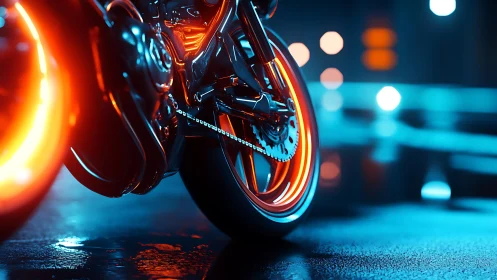 Neon-illuminated sport motorcycle rear wheel in wet urban night.