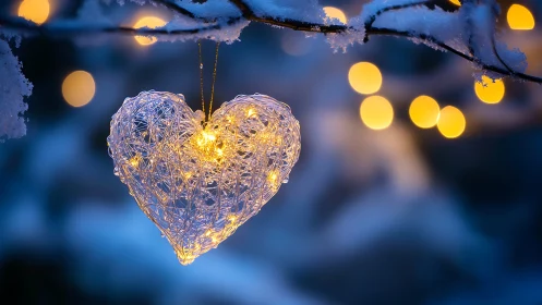 Snow-dusted branch cradling a glowing winter wire heart.