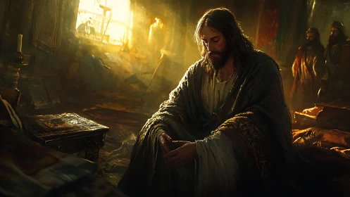 Solitary robed figure seated in warm interior lighted scene.