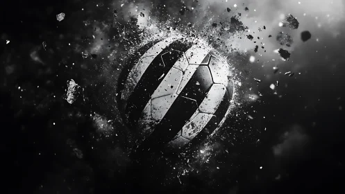 Shattered cosmos bends around a streaking monochrome football