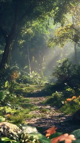 Forest pathway with canopy light filtering through dense vegetation
