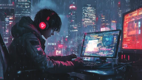 Cyberpunk coder monitors neon city grid under cold rain.