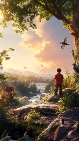 Child at sunrise cliff discovering a secret wild waterfall.