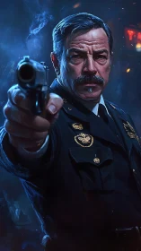 Commanding police officer aims handgun in cinematic chiaroscuro.