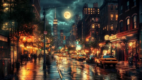 Moonlit city street glowing with cozy neon reflections.