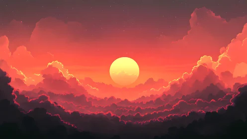 Radiant sun over layered red and purple clouds at dusk.