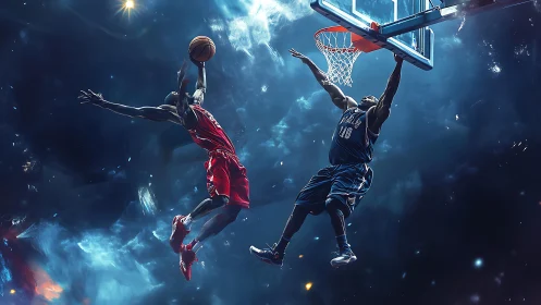Basketball players contest dunk in stylized cosmic arena