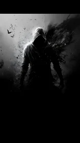 High-contrast hooded silhouette in dissolving chiaroscuro field.