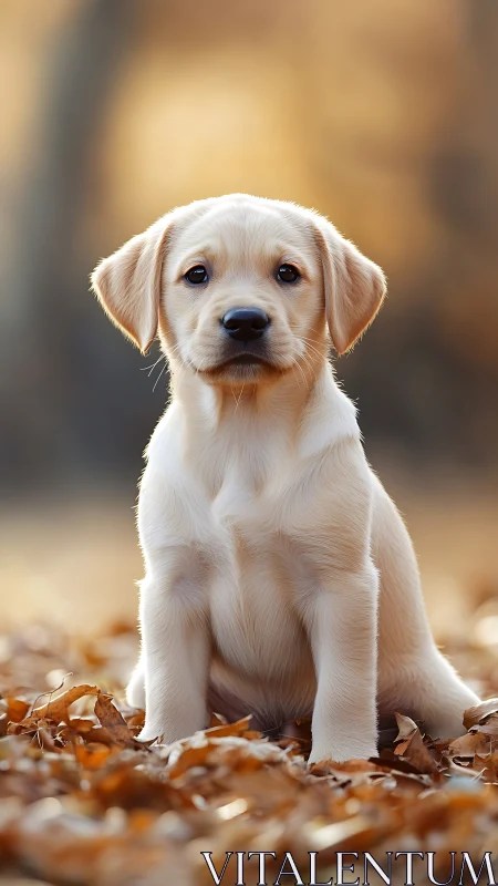 Golden puppy sitting softly in warm autumn leaves.
