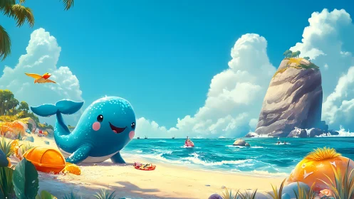 Whimsical cartoon whale rests on sunlit tropical shoreline