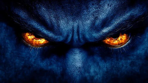 Demonic blue face with molten orange predator eyes.