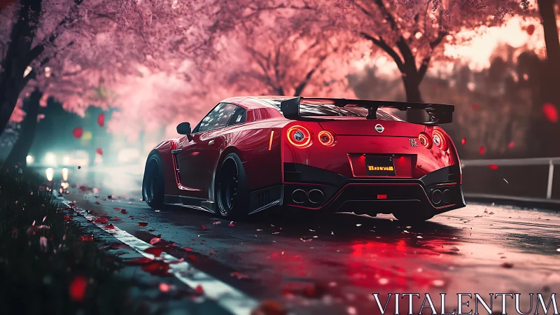 Red Nissan GT-R under cherry blossoms on wet mountain road