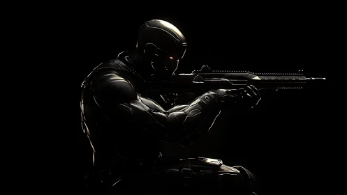 Armored humanoid figure aims rifle in low key lighting