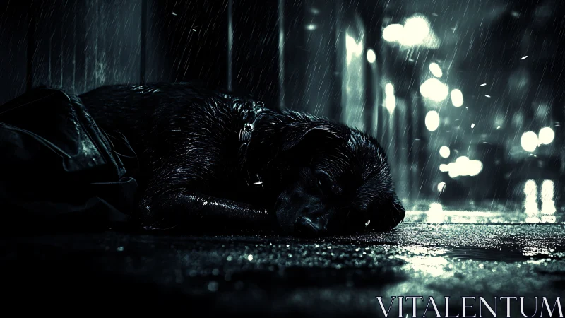 Rain-soaked black dog on neon-lit urban sidewalk at night.