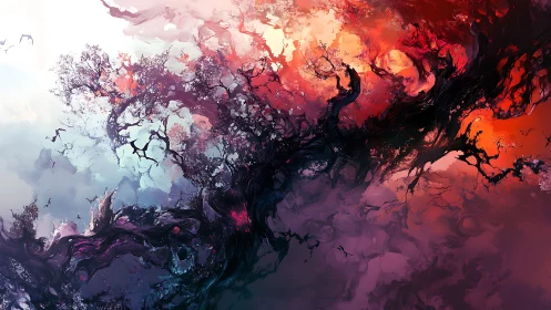 Storm of glowing branches drifts between fire and twilight skies