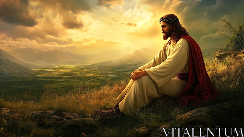 Contemplative robed figure in sunset-lit valley with cinematic depth