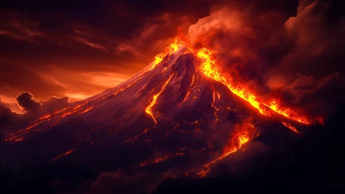 Erupting volcano spews molten lava and flames into darkened sky