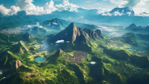 Aerial vista of verdant volcanic mountain range and crater lake